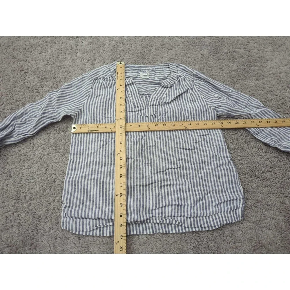 Sigrid‎ Olsen Shirt Womens XS Blue Vertical Stripes 3/4Sleeve Split V-Neck Linen